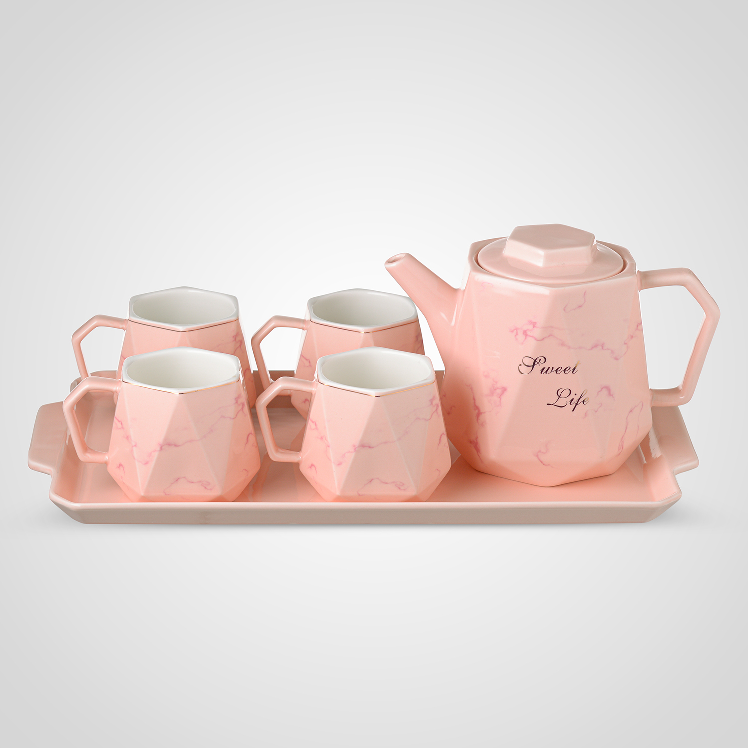 Керамический Розовый  для Чаепития: Поднос, Чайник, 4 Кружки .