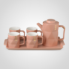 Керамический Розовый Набор для Чаепития: Поднос, Чайник, 4 Кружки "Life"