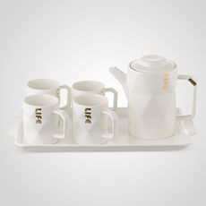 Керамический Белый Набор для Чаепития: Поднос, Чайник, 4 Кружки "Life"