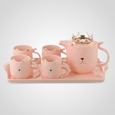 Керамический Розовый Набор для Чаепития: Поднос, Чайник, 4 Кружки "Kitty"