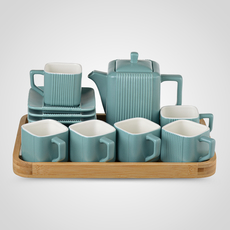 Керамический Синий Набор для Чаепития: Деревянный Поднос, Чайник, 6 чайных пар
