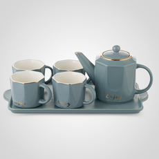 Керамический Серо-Голубой Набор для Чаепития: Поднос, Чайник, 4 Кружки "Enjoy"