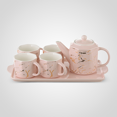 Керамический Розовый Набор для Чаепития: Поднос, Чайник, 4 Кружки "Мрамор"
