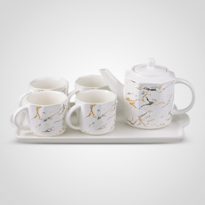 Керамический Набор для Чаепития: Поднос, Чайник, 4 Кружки "Мрамор"