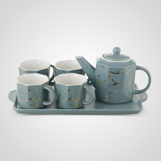 Керамический Серо-Голубой Набор для Чаепития: Поднос, Чайник, 4 Кружки "Мрамор"