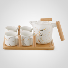 Керамический Набор для Чаепития: Деревянный Поднос, Чайник, 4 Кружки "Мрамор"