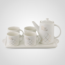 Керамический Белый Набор для Чаепития: Поднос, Чайник, 4 Кружки "Love your Life"