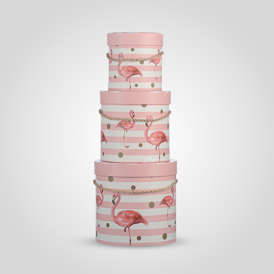 Набор из Трех Круглых Розовых Подарочных Коробок "Фламинго"
