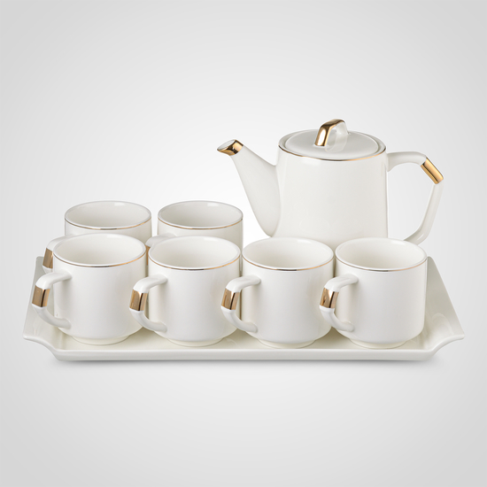 Керамический Белый Набор для Чаепития: Поднос, Чайник, 6 Кружек